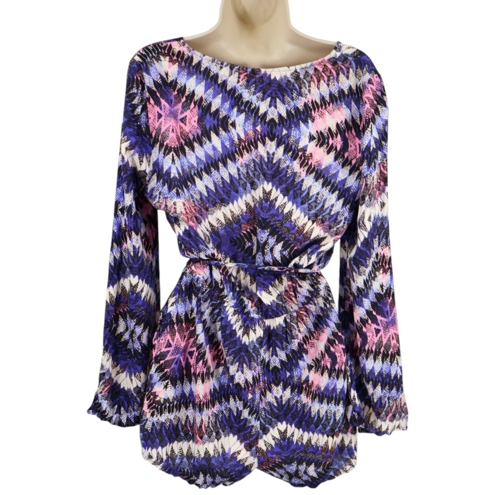 JustFab Blue Purple Abstract Surplice Romper Long Sleeve Elastic Waist S - Picture 2 of 7